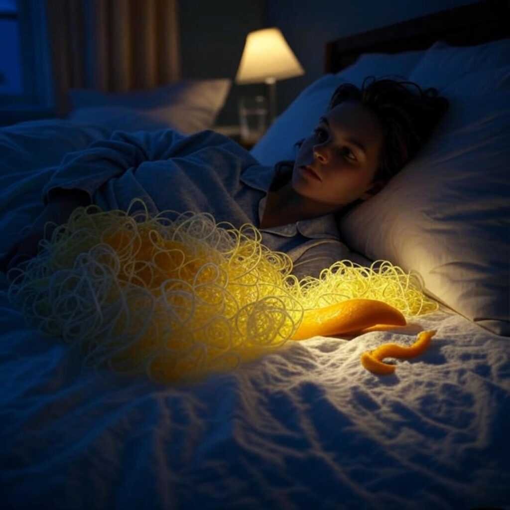 Softgels tangled in sheets, mango peel nearby.