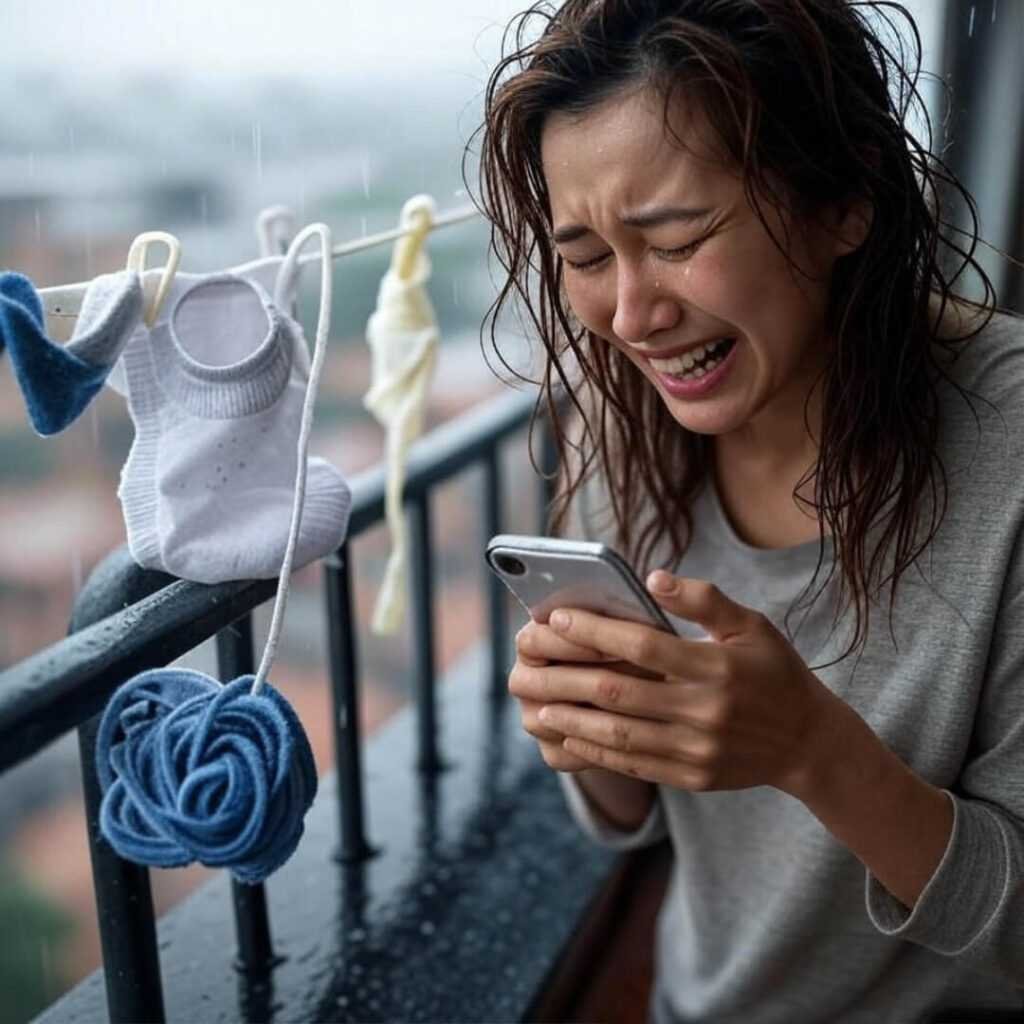 Crying mom on balcony, wet diaper, baby sock on railing.
