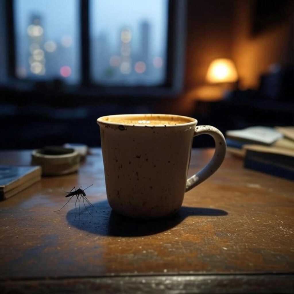 Chipped chai cup, mosquito, faint Mumbai skyline glow.
