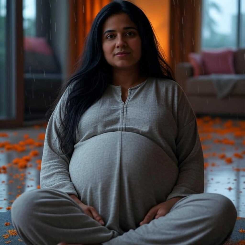 Pregnant woman stretching, rainy Mumbai apartment, marigold petals.
