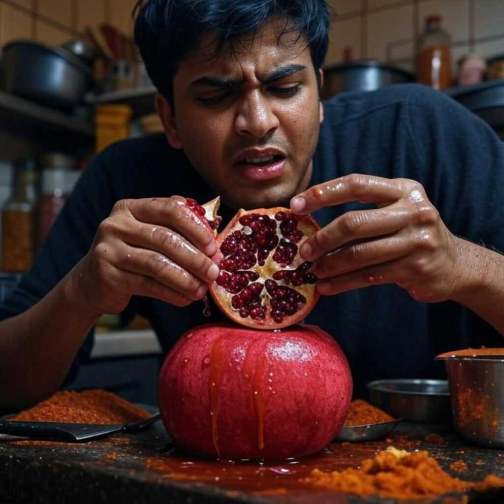 Pomegranate peeling, juice dripping, messy Mumbai kitchen.