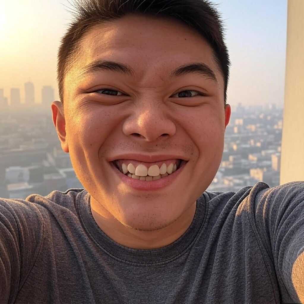 Goofy sweaty selfie with hazy Delhi skyline.