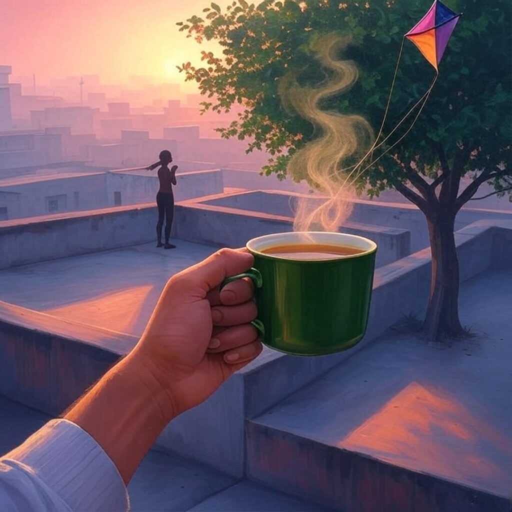 Delhi rooftop sunrise, green tea, yoga, tangled kite.