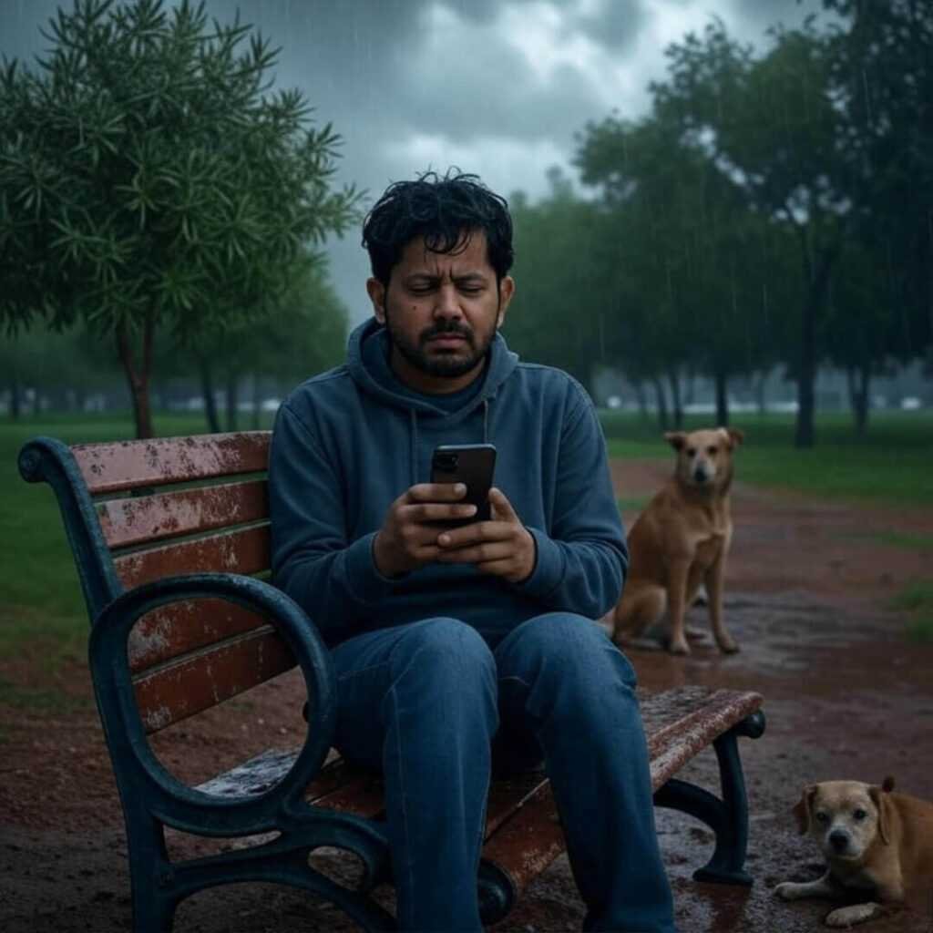 Rainy park bench, phone, soggy dog nearby.
