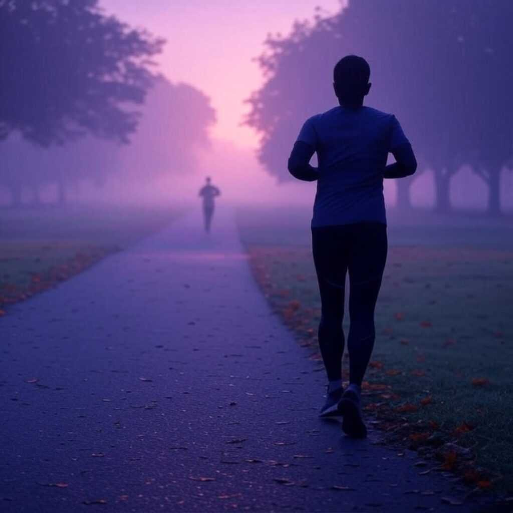 Jogger in foggy Indian park at sunrise, misty.