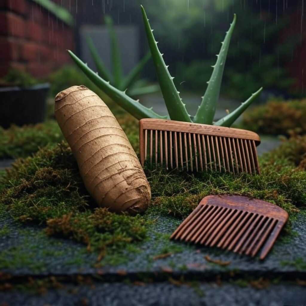 Ginger, aloe vera, beat-up comb on soggy mat.
