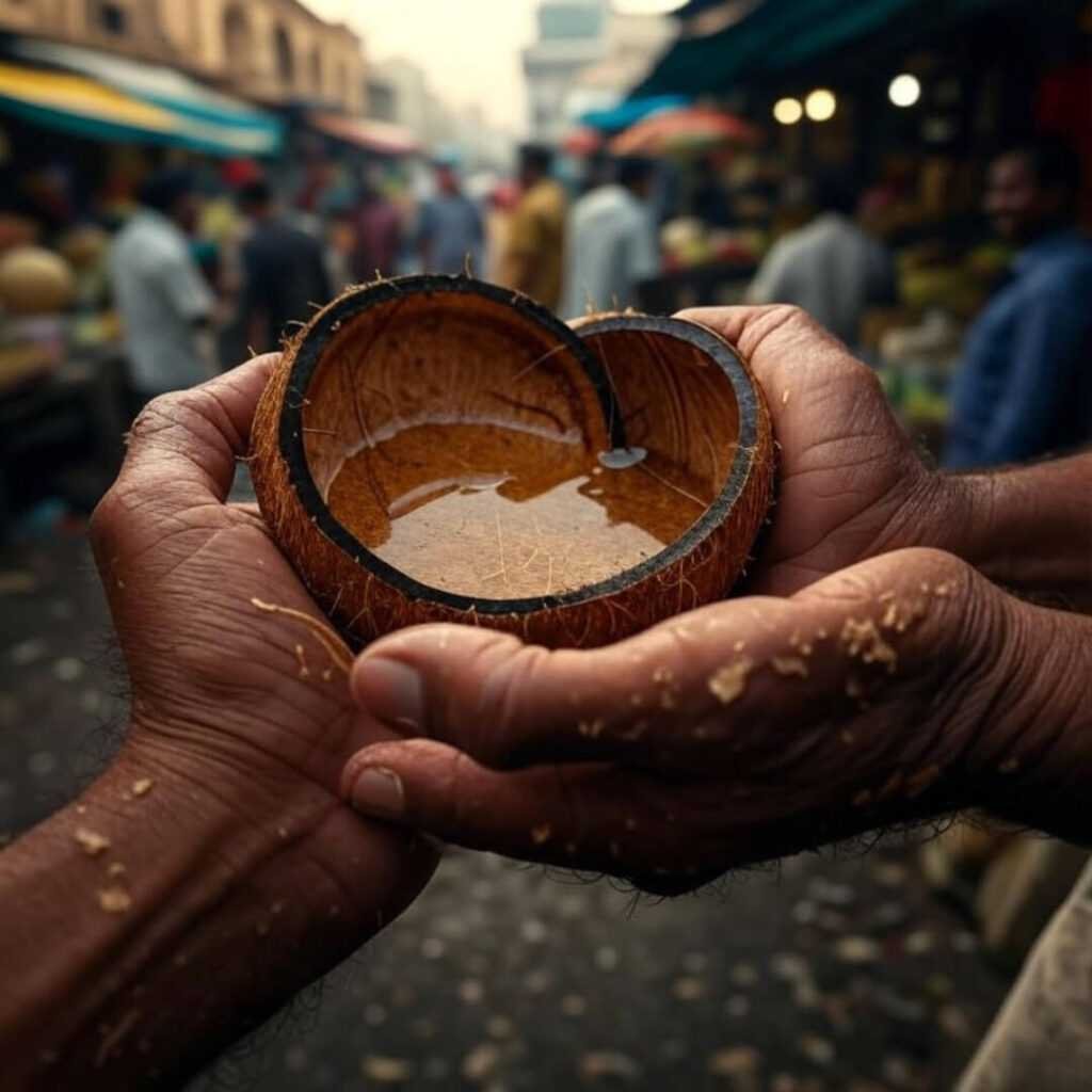 Flaky hands hold coconut oil in bustling Mumbai market.