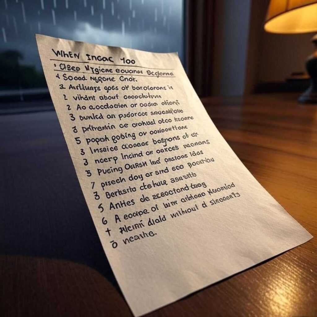 "Handwritten checklist by rainy window, Indian ritual vibe."