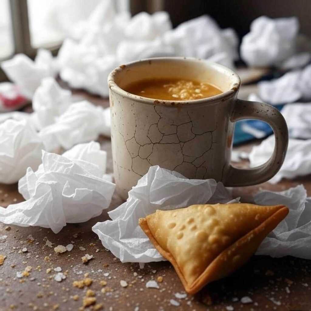 Chipped mug, tissues, samosa wrapper on desk.