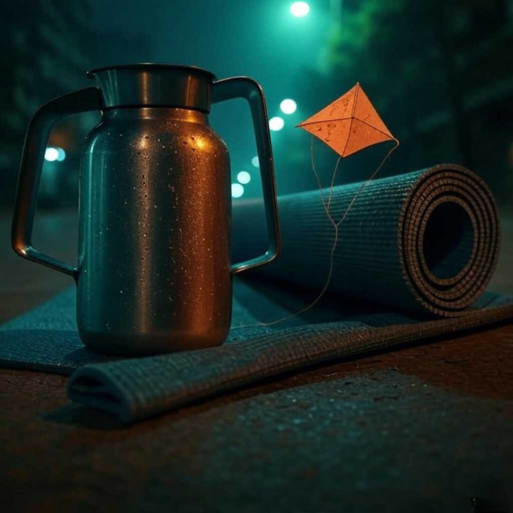 Grainy water jug, yoga mat, tangled kite.