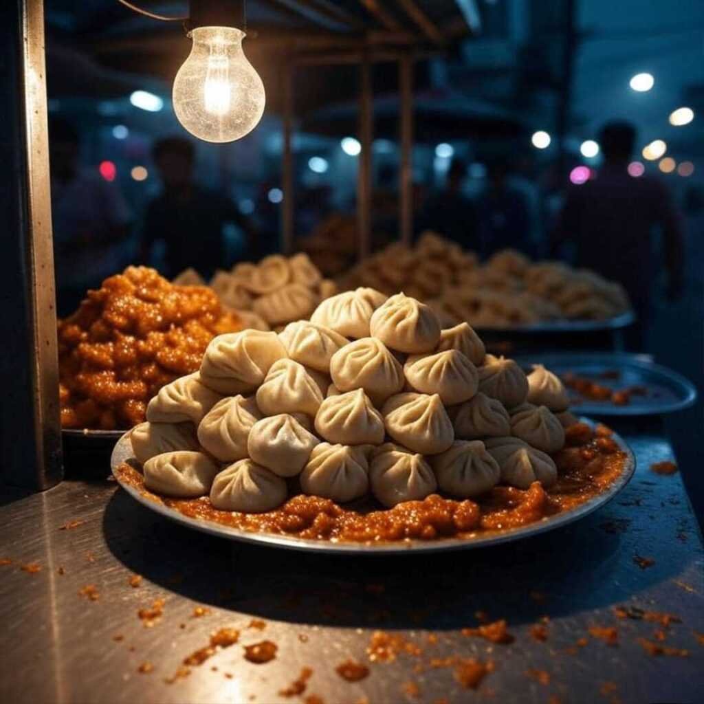 Overexposed momos, spilling chutney, hand hesitating at stall.