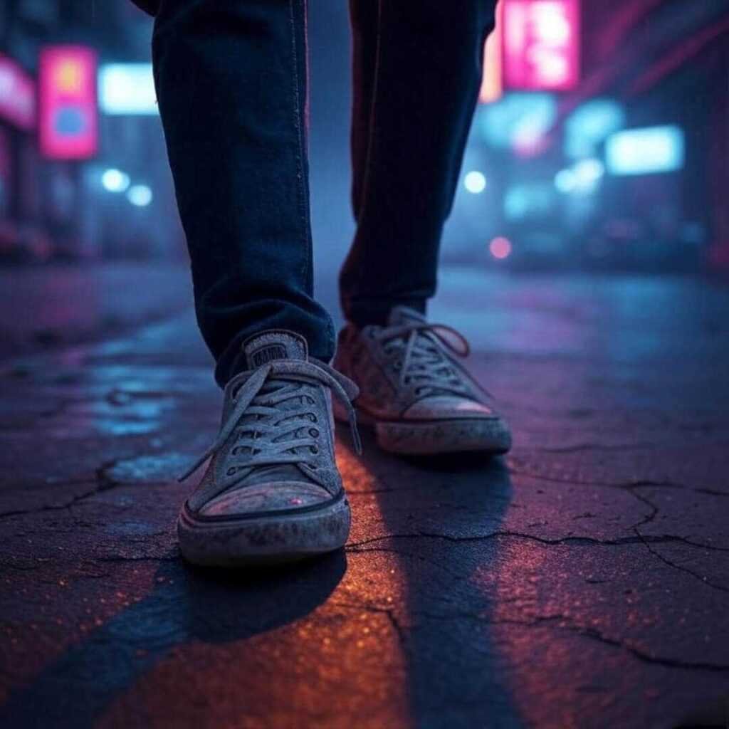 Scuffed sneakers on cracked sidewalk, neon signs glow.