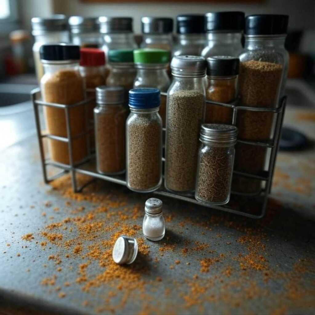Knocked-over salt shaker, saffron, cumin on grimy counter.