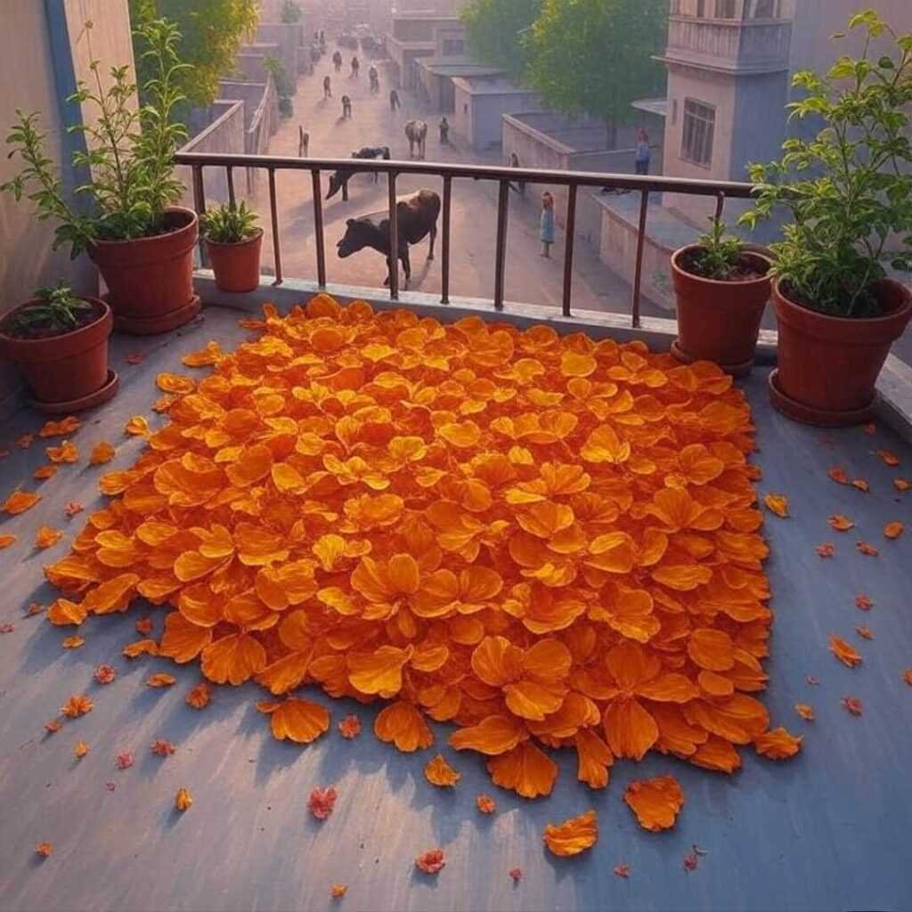 Impressionistic mat, chaotic street, cows, marigold accent.