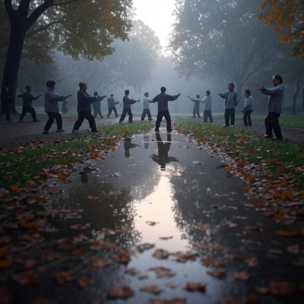 Dawn tai chi, puddle reflection, checklist leaves, photorealistic fog.