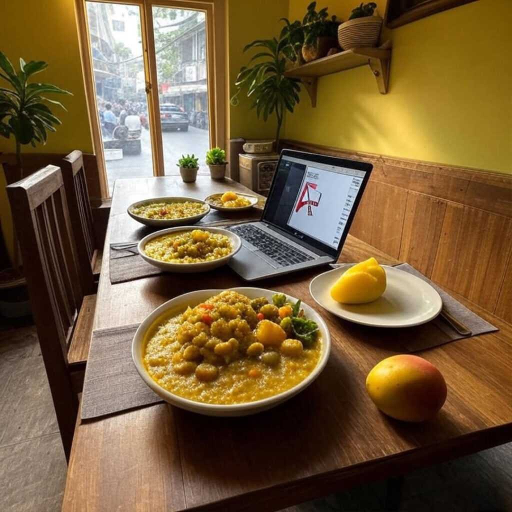Cozy Mumbai dining nook with dal, veggies, laptop, mango peel.