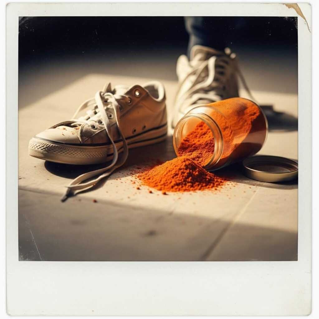 Household items used as weights on an Indian rug.

