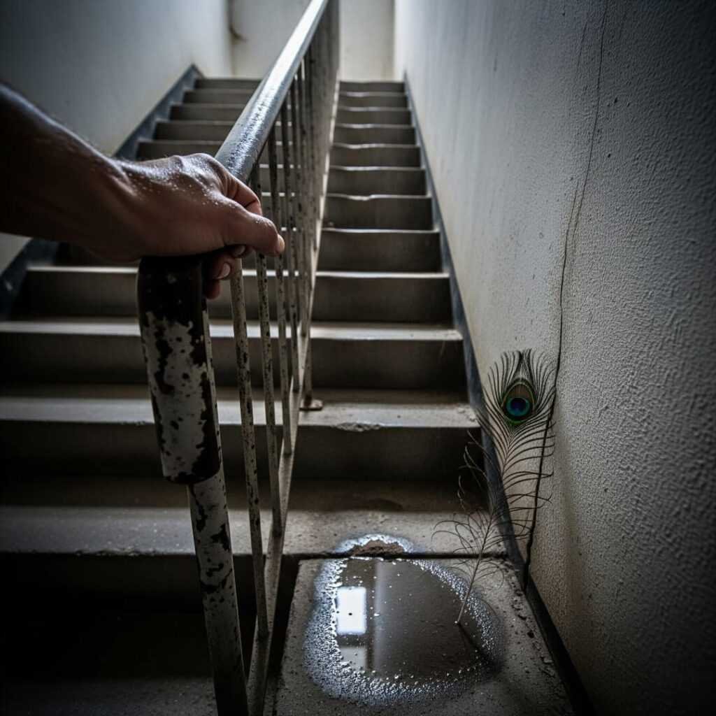 A sweaty hand on a railing looking up stairs.