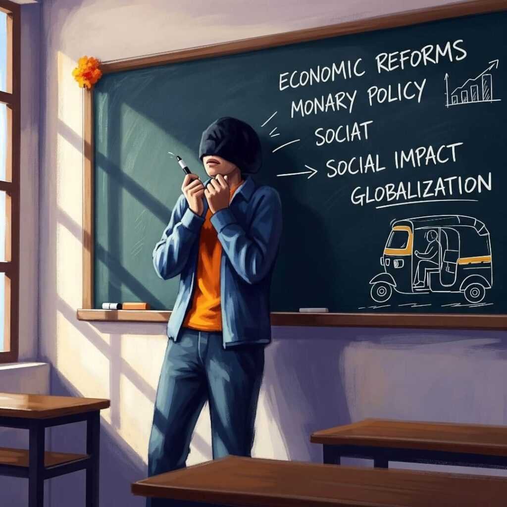 Nervous student in Delhi classroom, messy chalkboard.