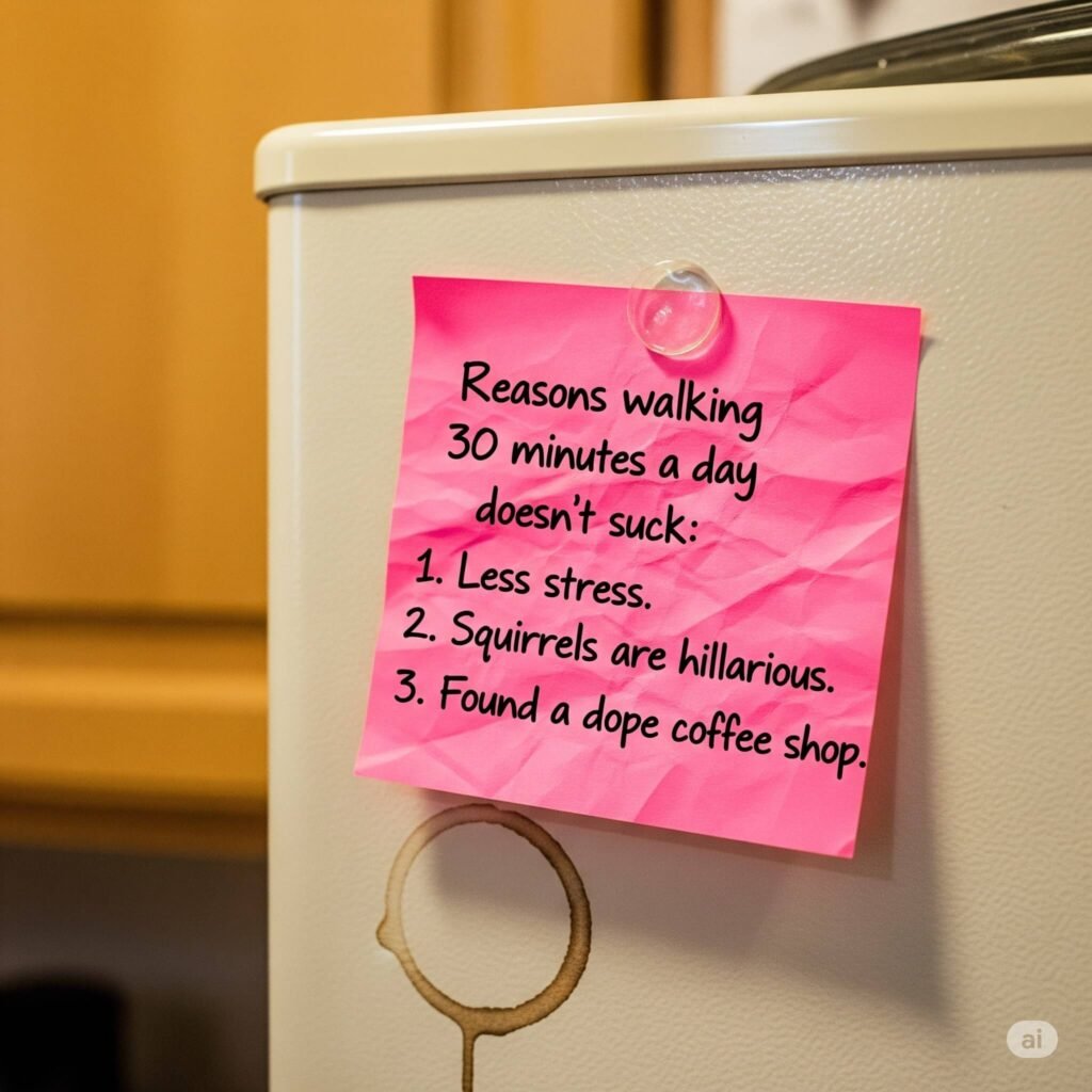 Walking Benefits: Funny Sticky Note on Fridge