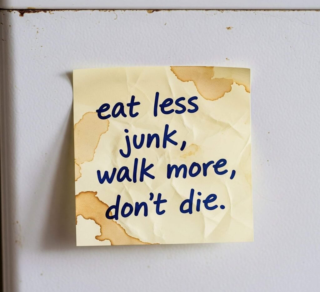 Crumpled sticky note on fridge: "eat less junk, walk more, don't die."