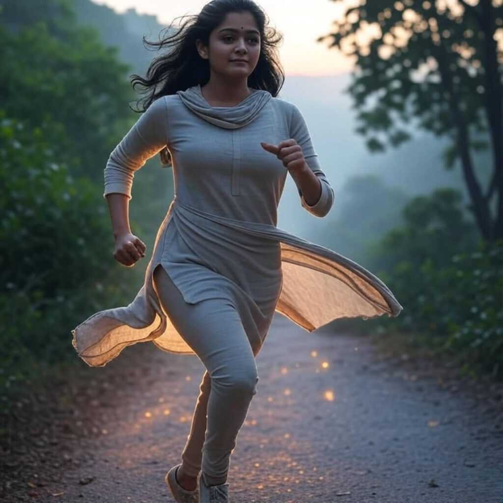 Woman strides on misty trail with glowing aura."