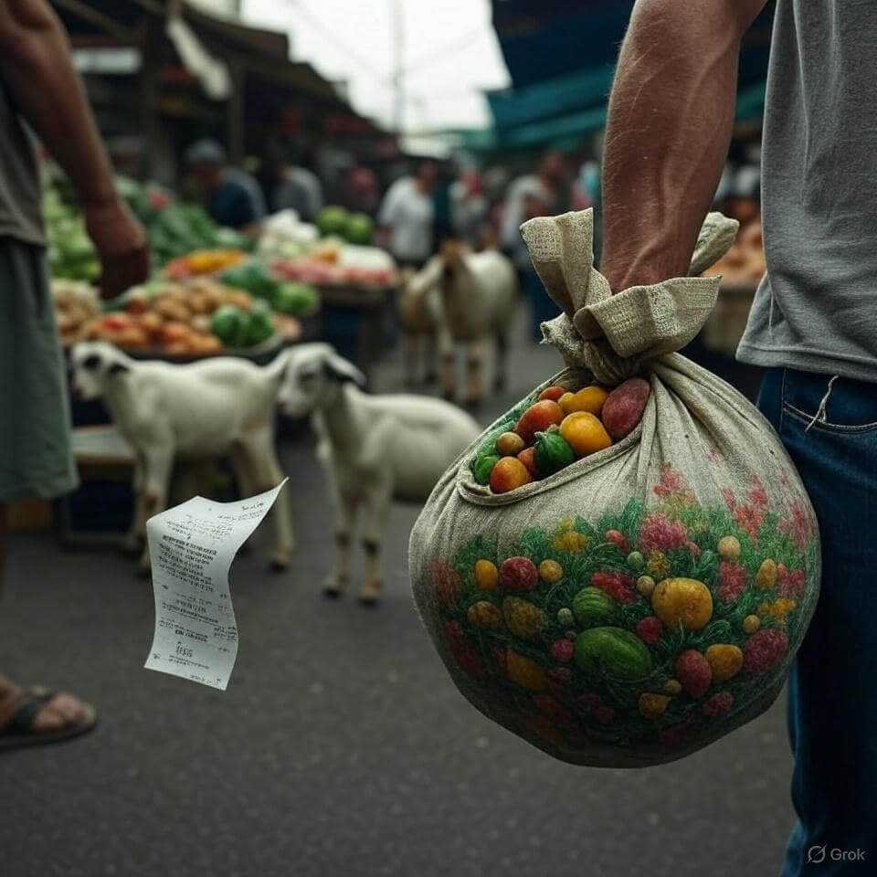 Limp arm, veggie sack, goats, ripped receipt.