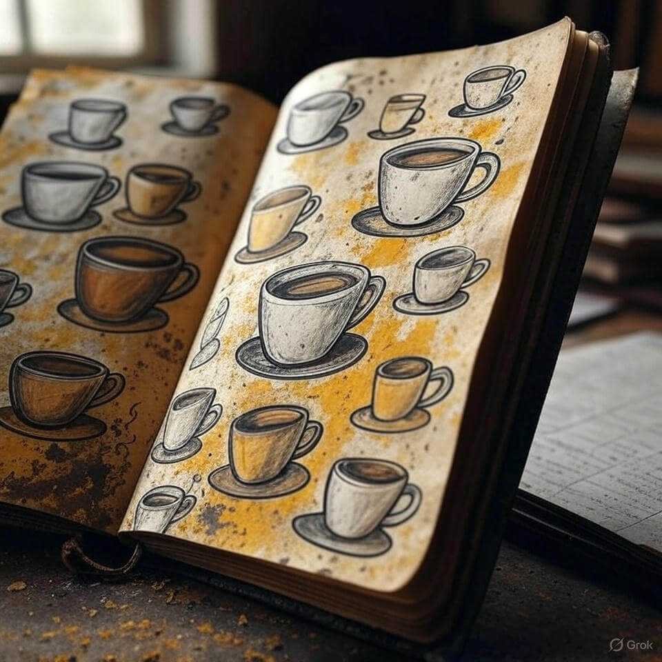 Messy notebook with chai doodles, odd-angle view.