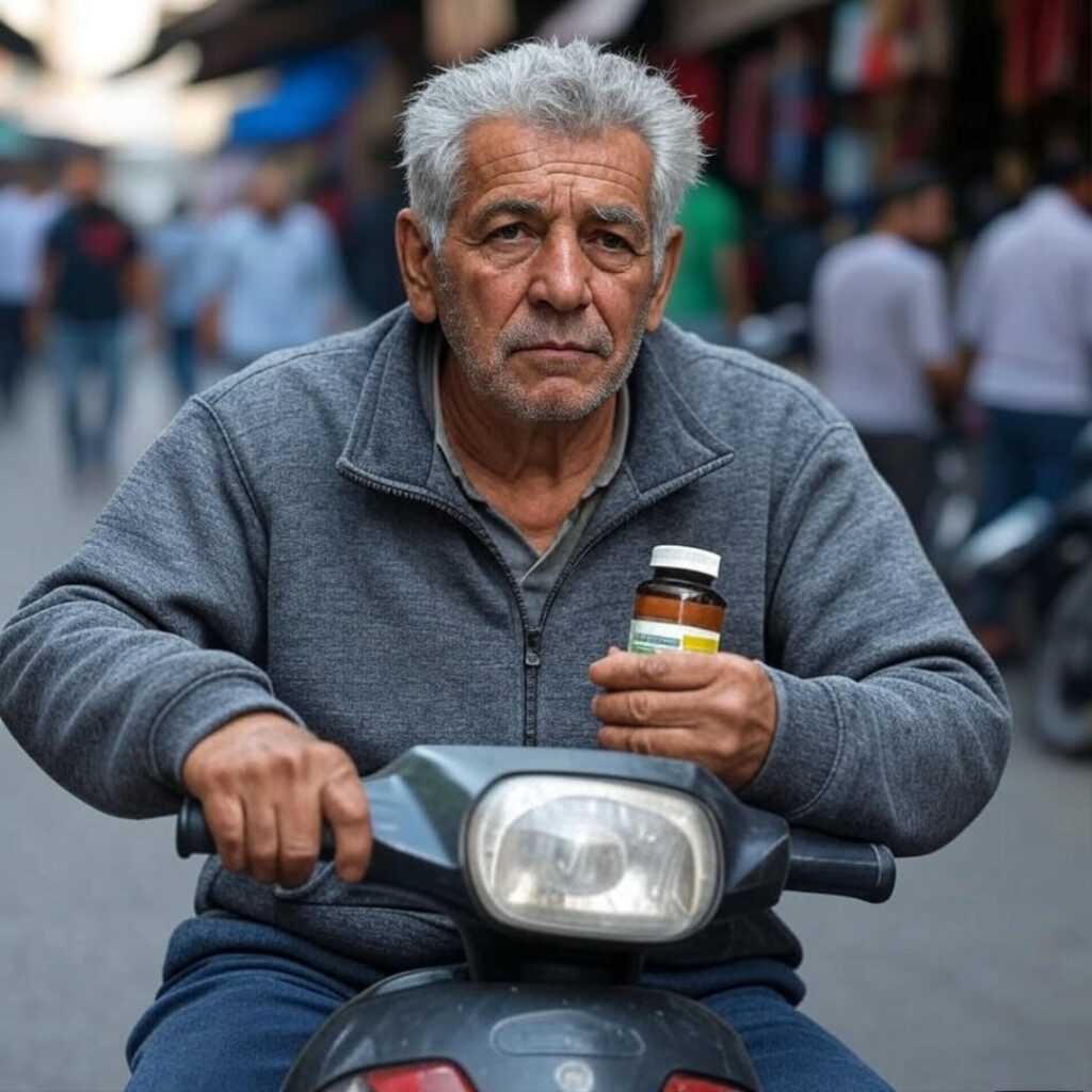 "Older man grips supplement on busy scooter."