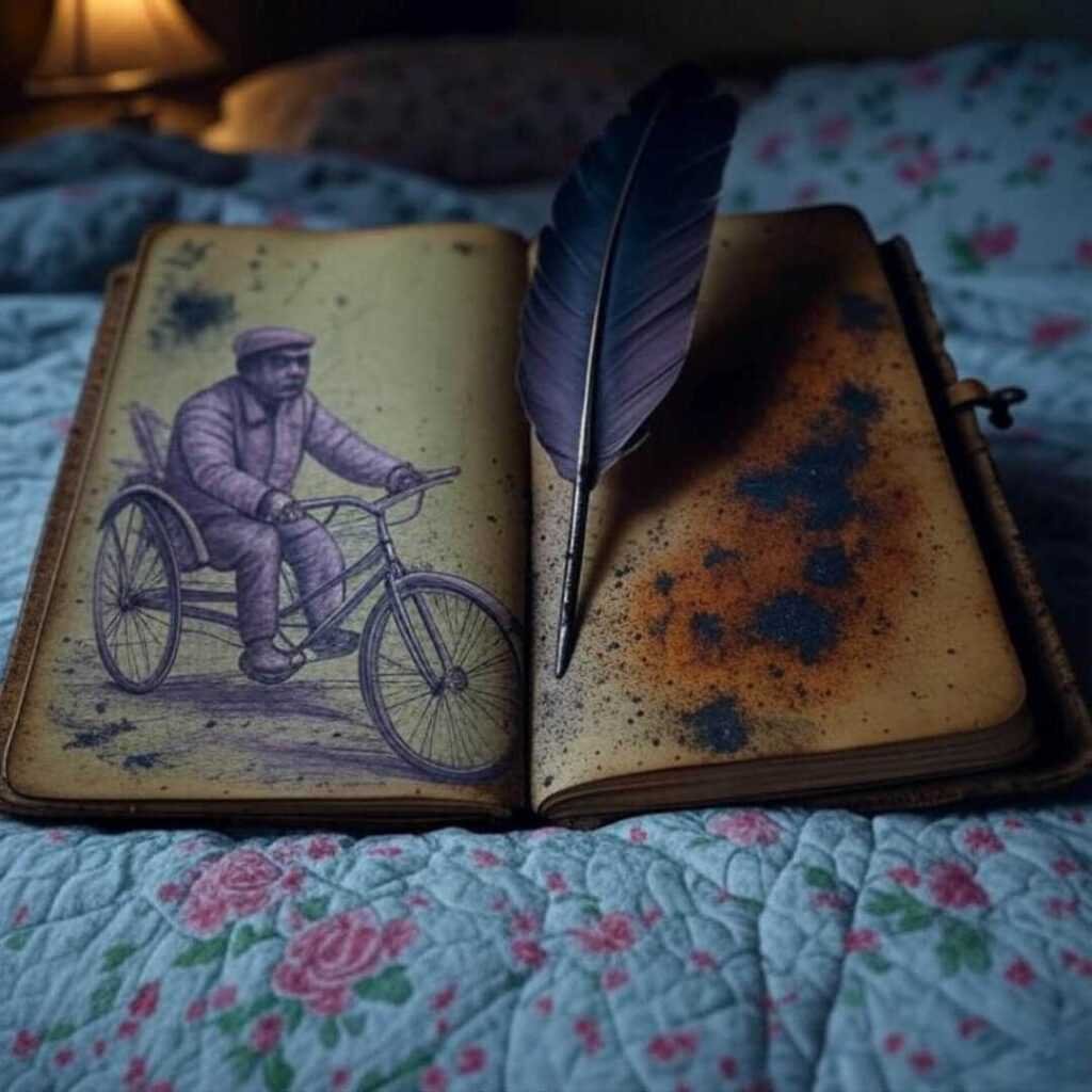 Vintage journal, rickshaw sketch, feather, smudged bed.