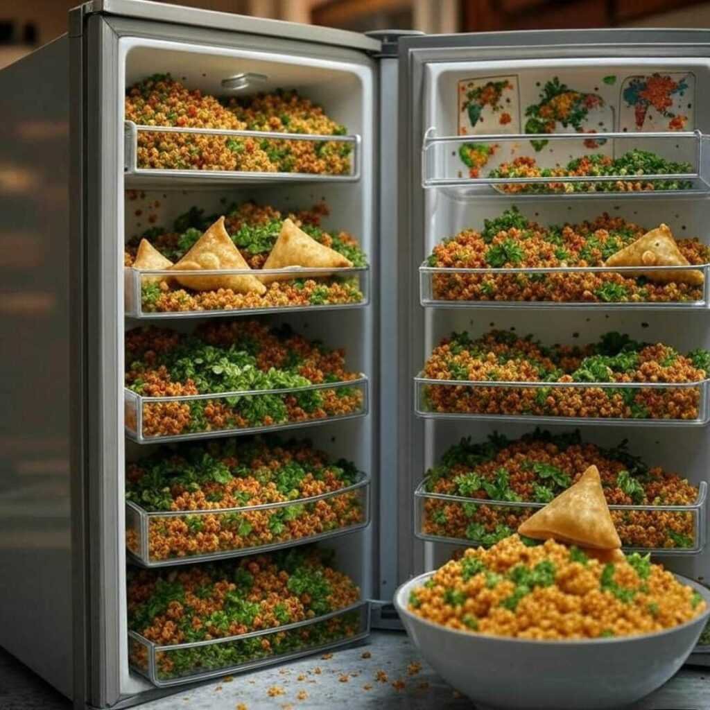 Stuffed fridge, quinoa, samosas, vintage maps, skewed angle.
