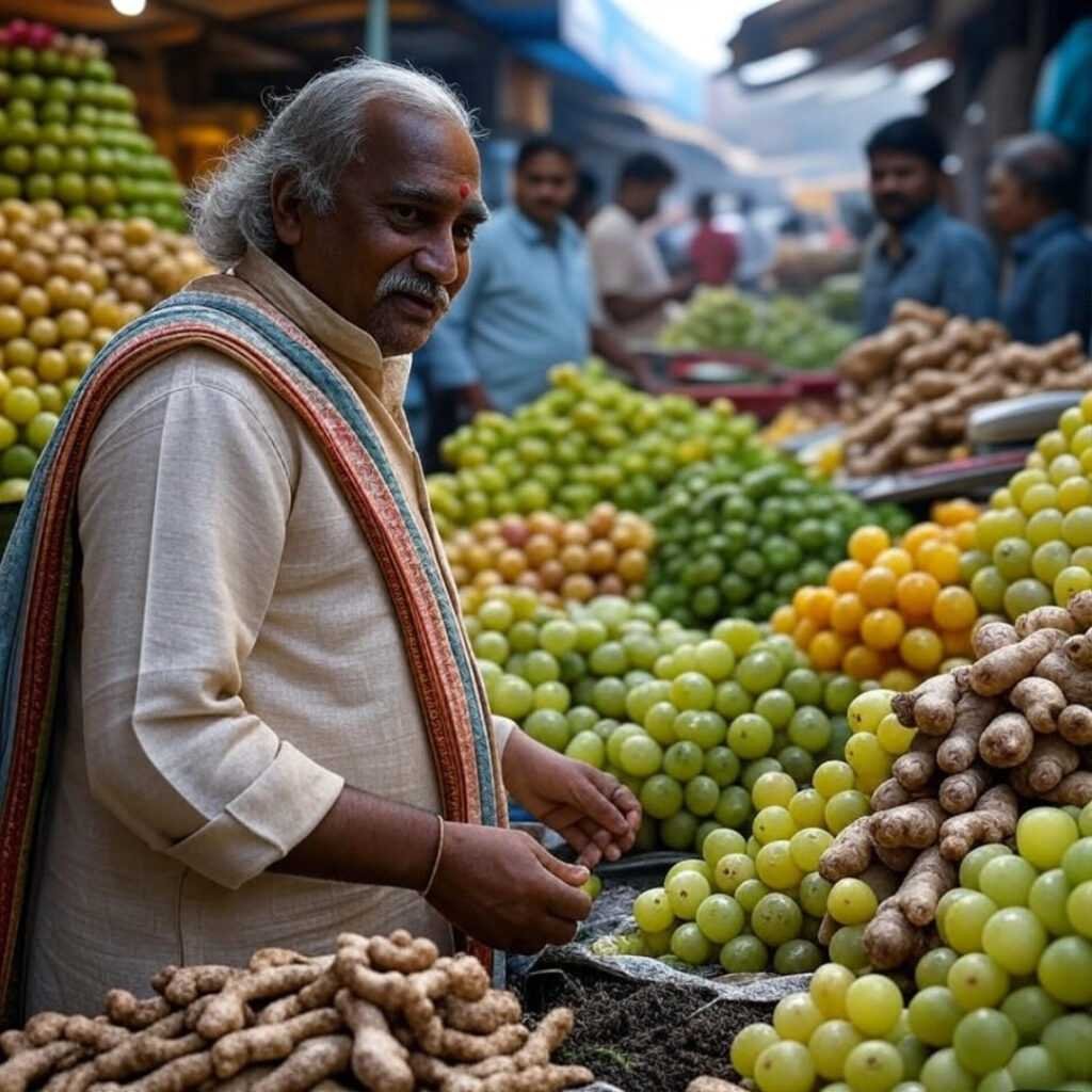 Blurry haggling scene, amla, ginger at market.