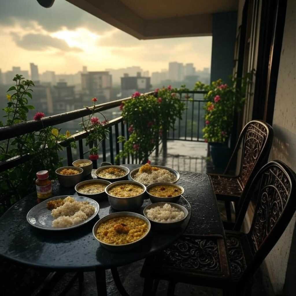 Messy balcony with dal, palak, rice, multivitamin, sunlight.