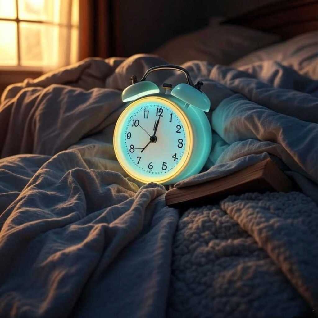 "Glowing alarm clock amid tangled sheets and book."