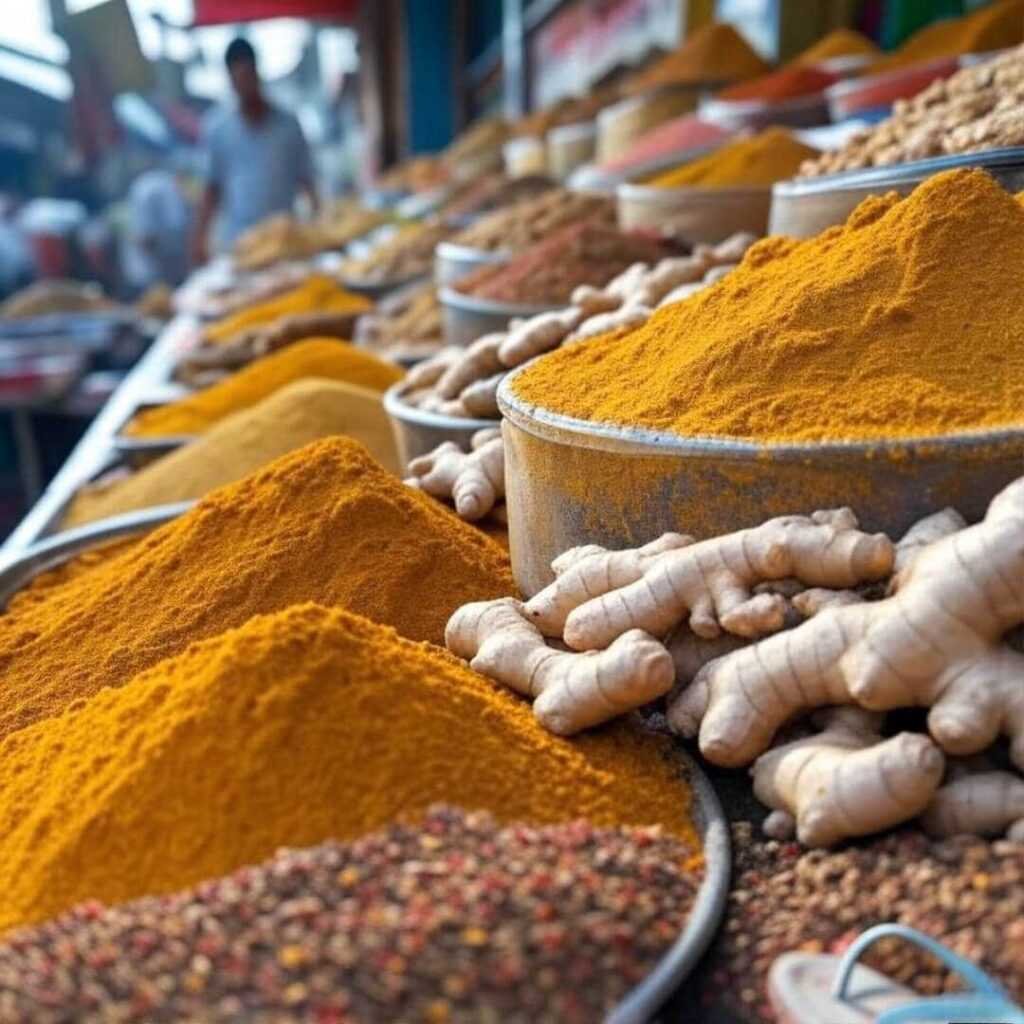 Turmeric, ginger stall, flip-flop photobomb in market.