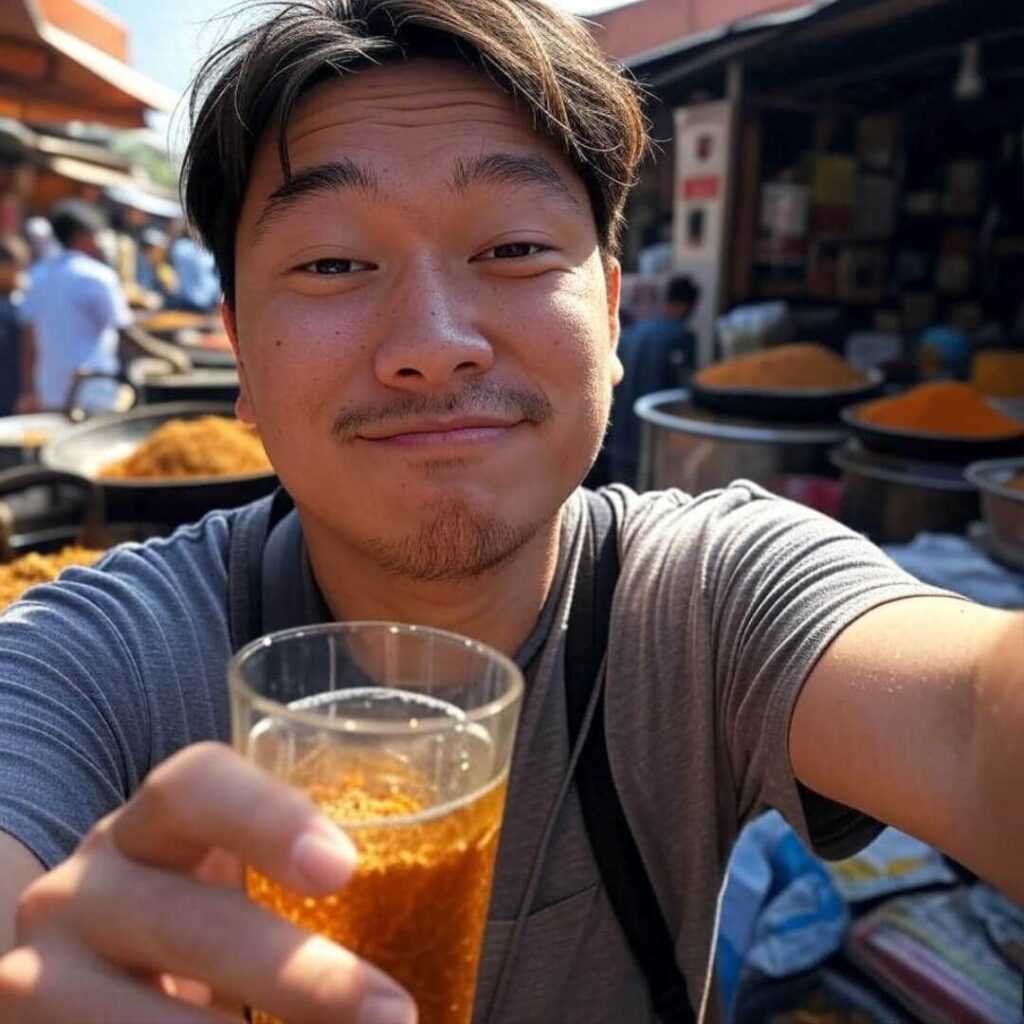 Blurry kanji selfie, nervous smirk, spicy market chaos.