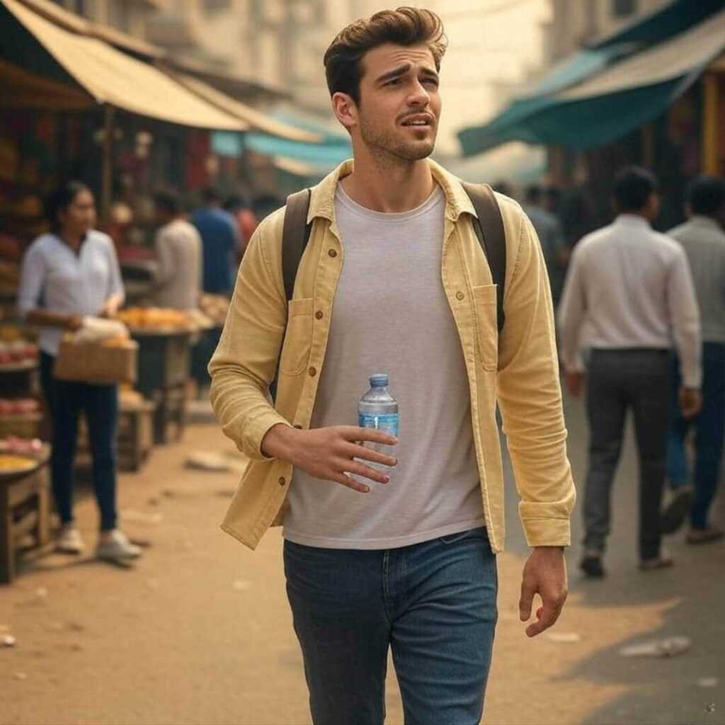 Confused man with water bottle, hectic Indian street.