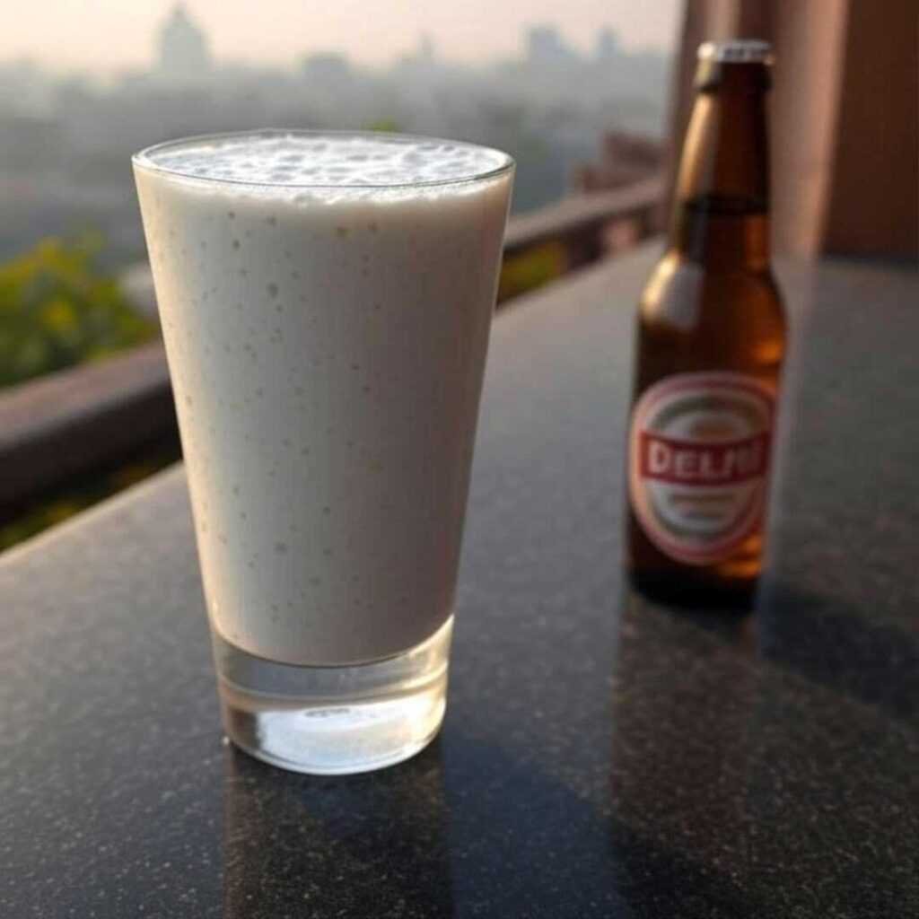 Frothy lassi, sad beer, smoggy Delhi skyline view.