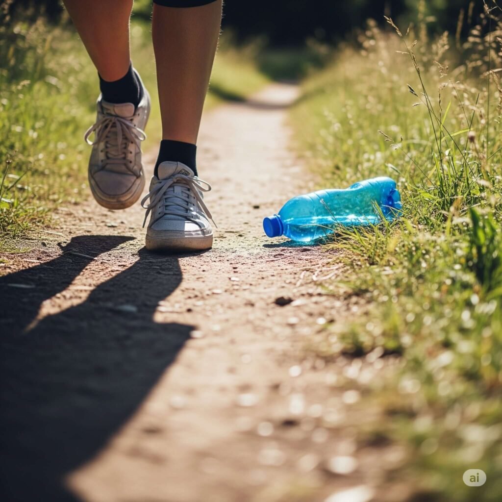 Forgotten water bottle, park trail, beat-up sneakers - walking habit.