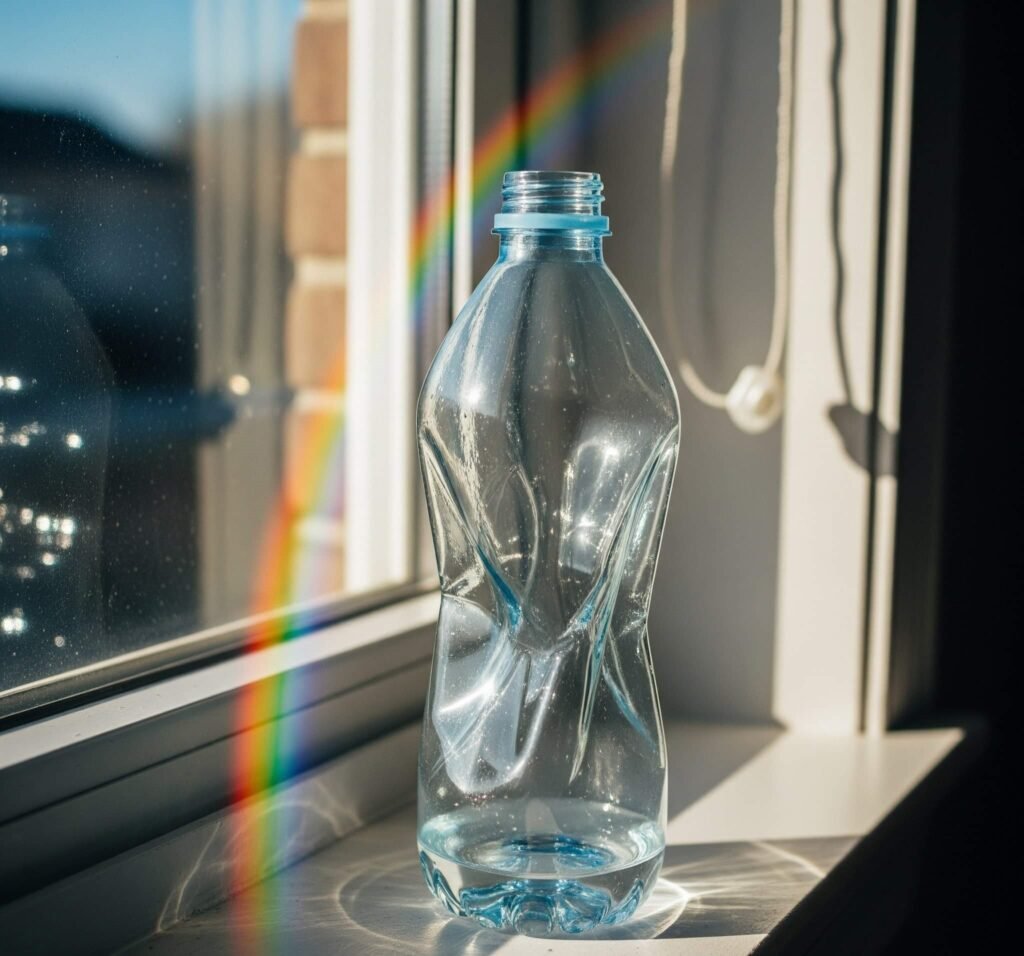 Dented water bottle with rainbow on an Ohio windowsill.