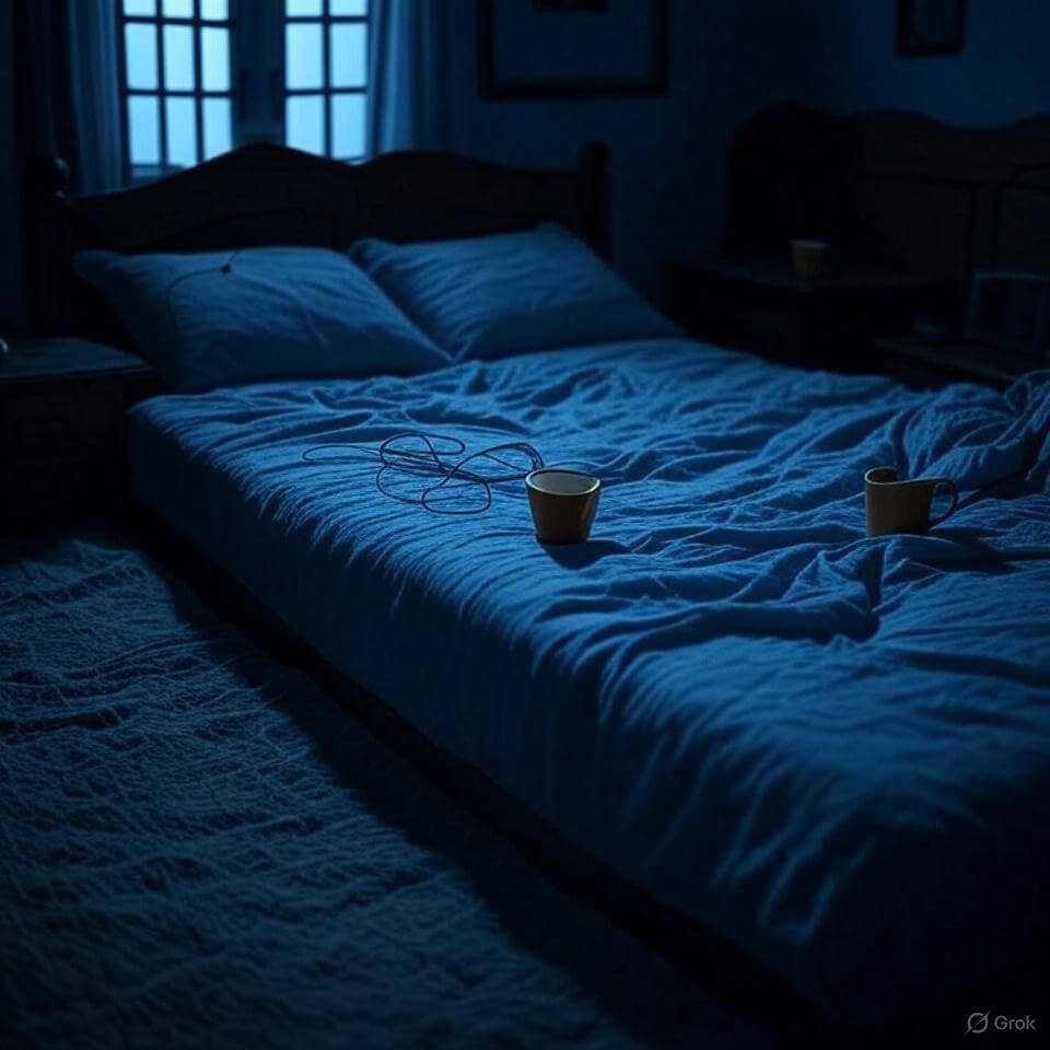 Tousled bed, tipped chai cup, tangled earbuds.