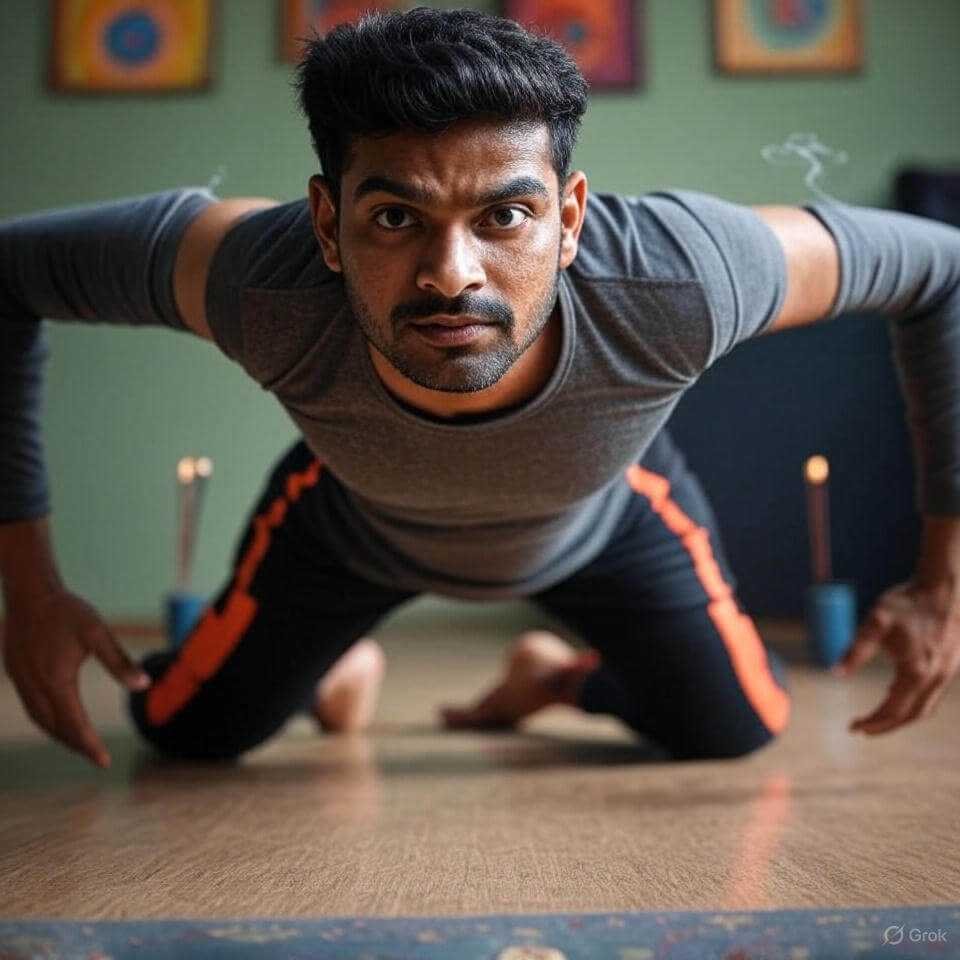 Clumsy yoga pose in smoky Bangalore studio.