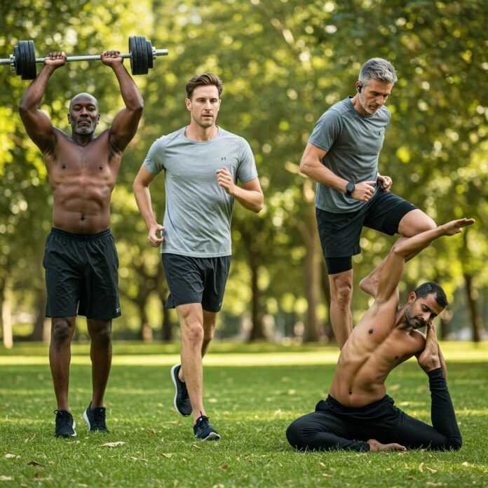 40s and 50s engaged in various fitness activities.