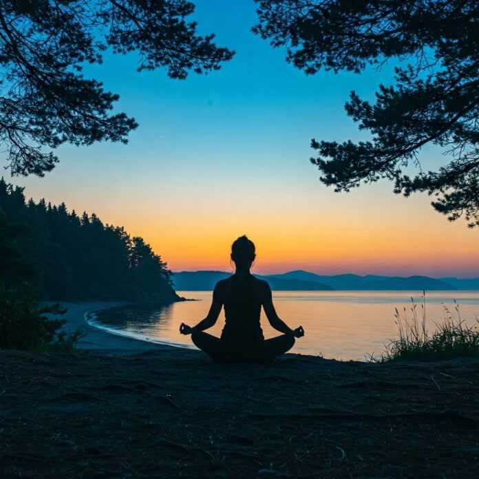 Meditating by serene shore