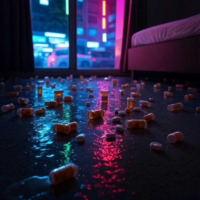 "Chaotic pill spill in monsoon-lit room." "Chaotic pill spill in monsoon-lit room."