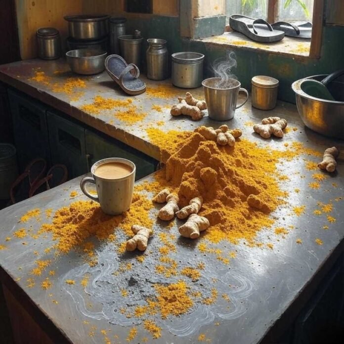 Blurry Kolkata stall, amla, ginger, haggling excitement.