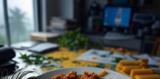 Cluttered desk with pav bhaji, cracked pill, monsoon view.