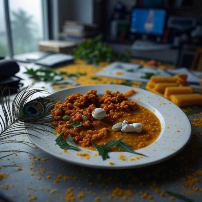 Cluttered desk with pav bhaji, cracked pill, monsoon view. Cluttered desk with pav bhaji, cracked pill, monsoon view.