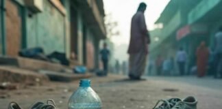 Spilled water bottle, dusty street, worn sneakers fail.