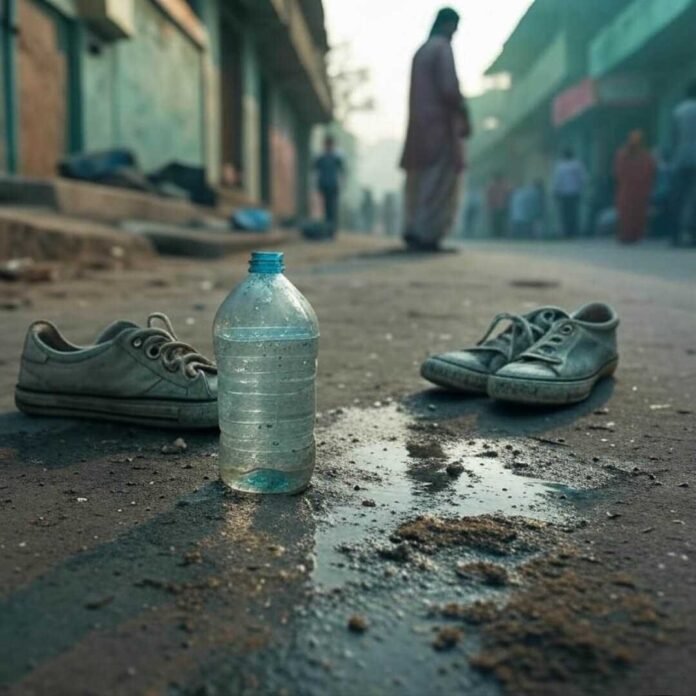 Spilled water bottle, dusty street, worn sneakers fail. Spilled water bottle, dusty street, worn sneakers fail.